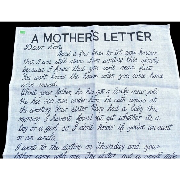 VTG Fingal Humorous MOTHERS LETTER Irish Linen Tea Towel /Wall Hanging Ireland - Picture 2 of 7